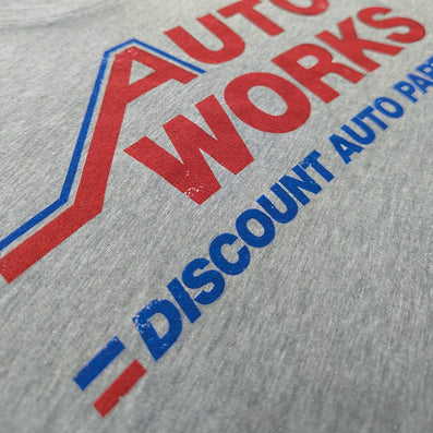 Auto Works Discount Auto Parts Stores Michigan T-Shirt Detail Left Light Gray