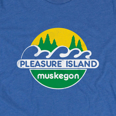 Pleasure Island Water Park Muskegon Michigan T-Shirt Graphic Bright Blue