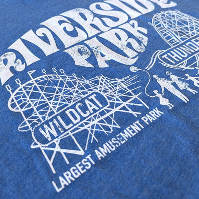 Riverside Park Vintage Agawam Massachusetts T-Shirt Detail Left Bright Blue