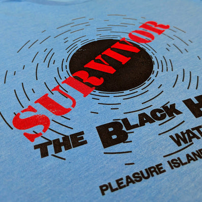 The Black Hole Pleasure Island Michigan T-Shirt Detail Left Light Blue