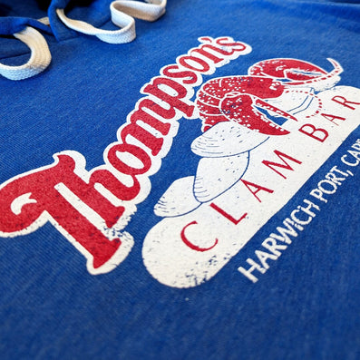 Thompson's Clam Bar Cape Cod Massachusetts Hoodie Detail Left Cobalt Blue