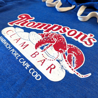 Thompson's Clam Bar Cape Cod Massachusetts Hoodie Detail Right Cobalt Blue