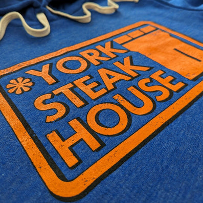 York Steak House Hoodie Detail Left Cobalt Blue