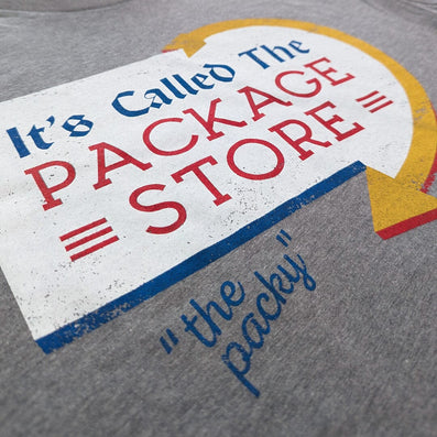 The Packy It's Called The Package Store T-Shirt Detail Left Gray