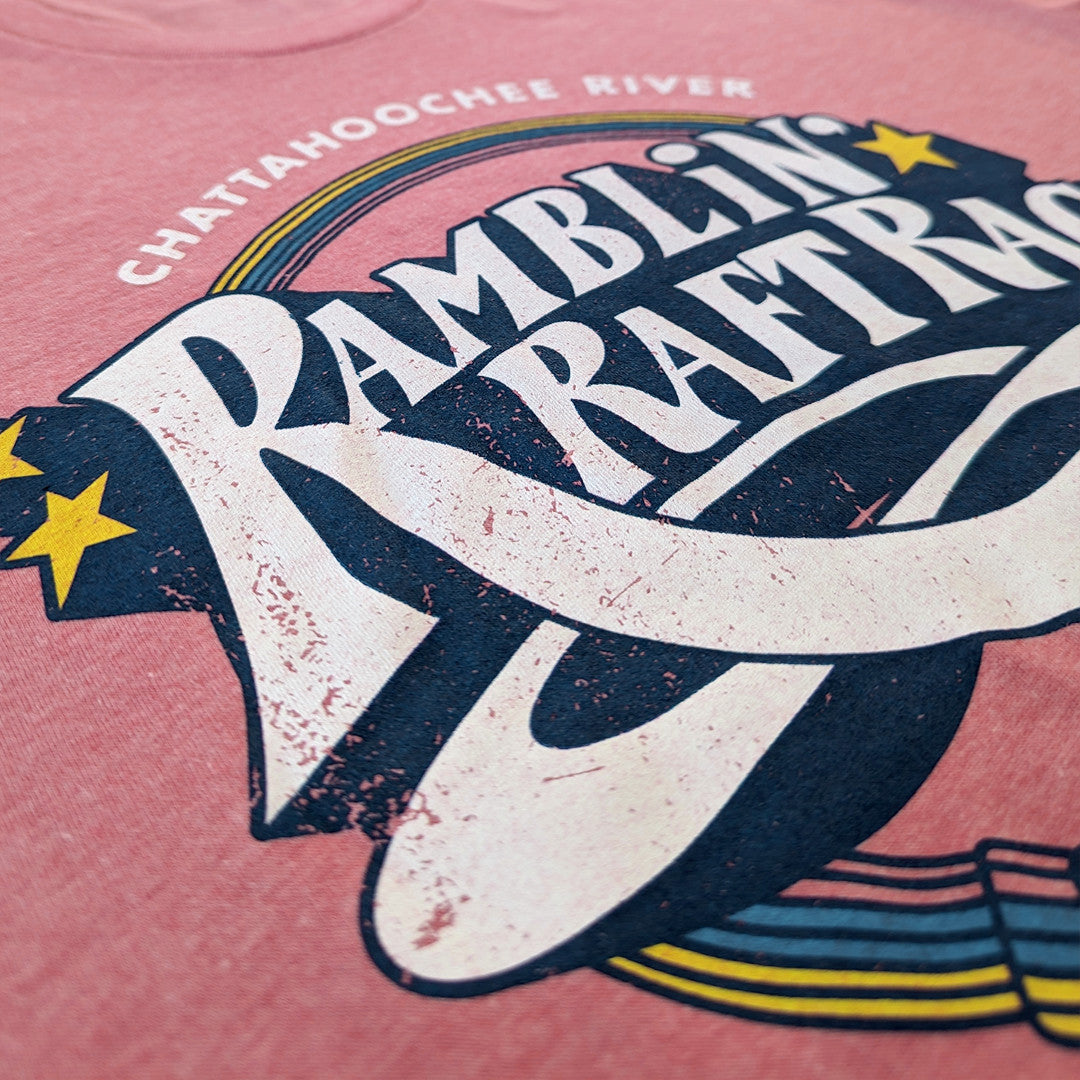 Shootin' The Hooch Ramblin' Raft Race Georgia T-Shirt Detail Left Faded Red