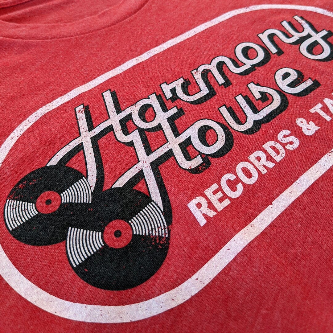Harmony House Records And Tapes New Jersey T-Shirt Detail Left Red